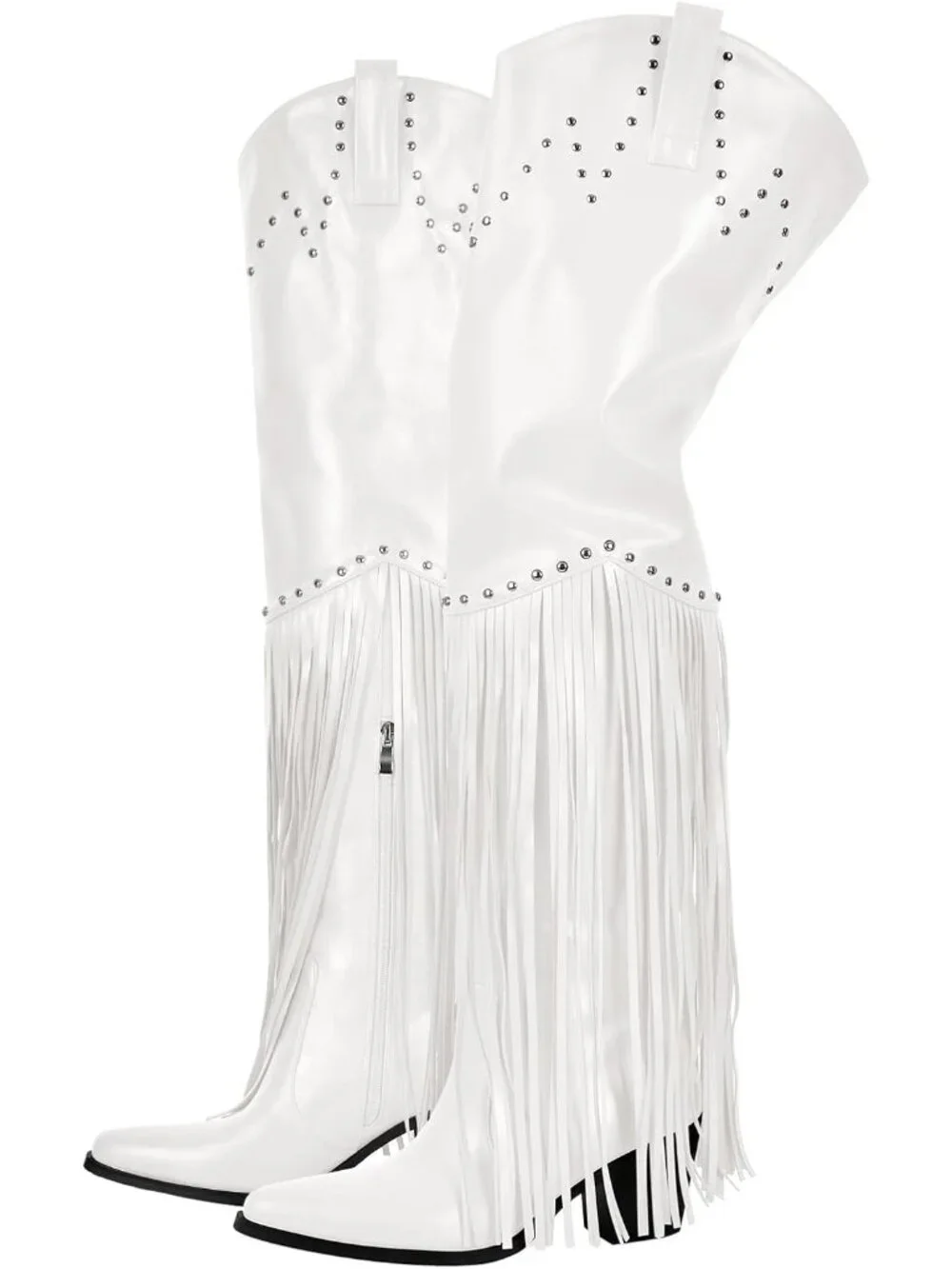 Women's White Pointed Toe Fringe Wide Calf Cowgirl Over The Knee High Boots